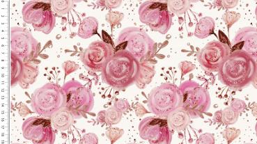 Baumwoll Jersey Rosa Rosenblüten auf Weiß